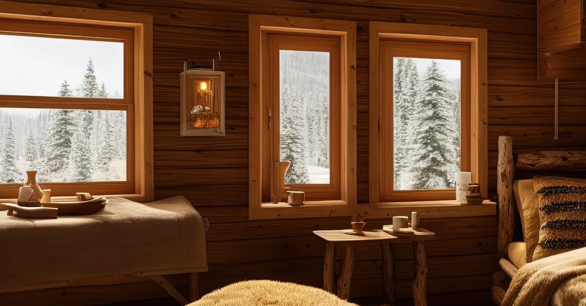 The interior of a log cabin. There is a bed and some tables against a wall with windows looking out to the snow-covered trees.